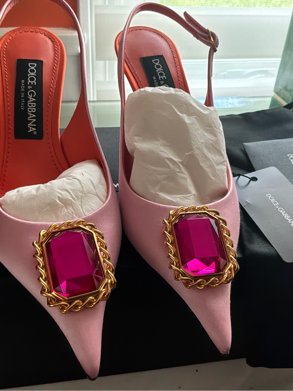 Pink Satin Pointed Slingback Heels with Gold Chain Gem Detail